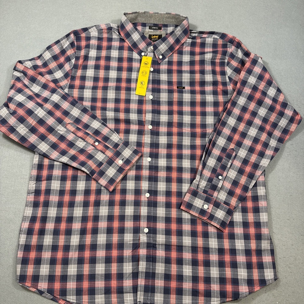 NWT Lee XXLarge Regular Fit Shirt Cotton Stretch Red Gray Plaid Button Down
